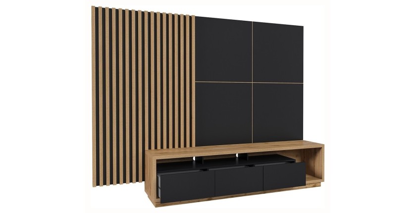 Meuble TV XL avec fond mural décoratif XL collection CLARA. Couleur chêne et noir mat.