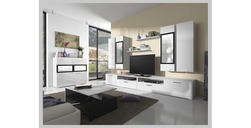 Composition XL de 8 meubles design pour salon couleur blanc et noir collection CONNOR