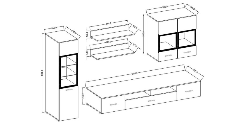 Composition de 6 meubles design pour salon couleur blanc et noir collection CONNOR