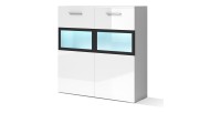 Buffet 90cm pour salon avec 2 portes vitrées et LED intégrées couleur blanc brillant collection CONNOR.