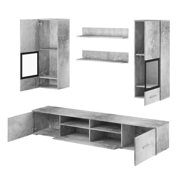 Composition de 5 meubles design pour salon coloris gris effet béton collection CONNOR
