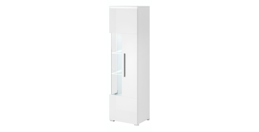 Vitrine haute design avec éclairage LED multicolore collection BOMBAY. Coloris blanc brillant. Ouverture droite