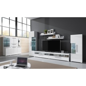 Vitrine haute design avec éclairage LED multicolore collection BOMBAY. Coloris blanc brillant. Ouverture droite
