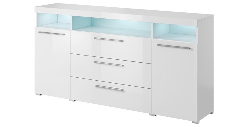 Buffet 180cm pour salon couleur blanc brillant avec éclairage LED multicolore intégré collection BOMBAY.