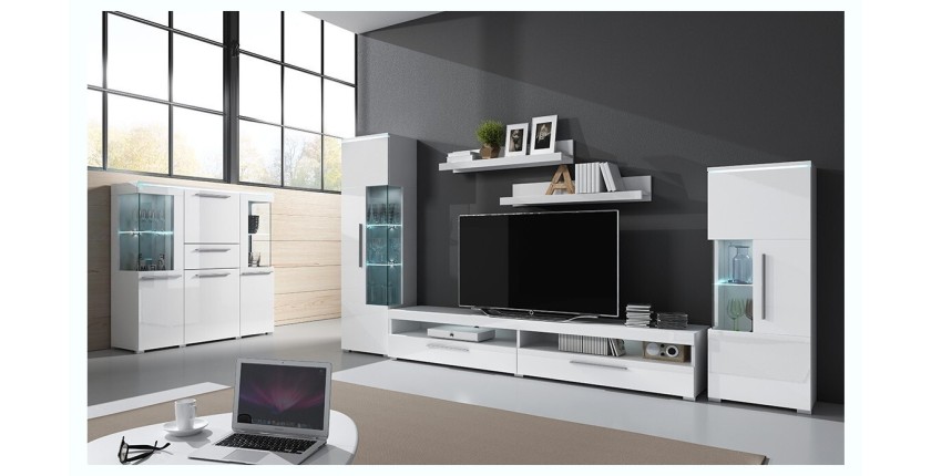 Meuble TV XL 200cm collection BOMBAY. Couleur blanc brillant. Éclairage LED multicolore.