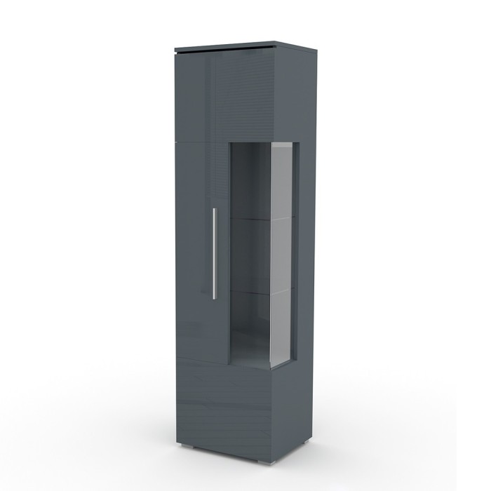 Vitrine haute design avec éclairage LED multicolore collection BOMBAY. Coloris gris brillant. Ouverture Gauche
