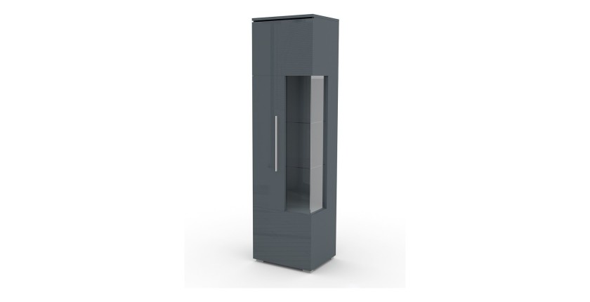 Vitrine haute design avec éclairage LED multicolore collection BOMBAY. Coloris gris brillant. Ouverture Gauche