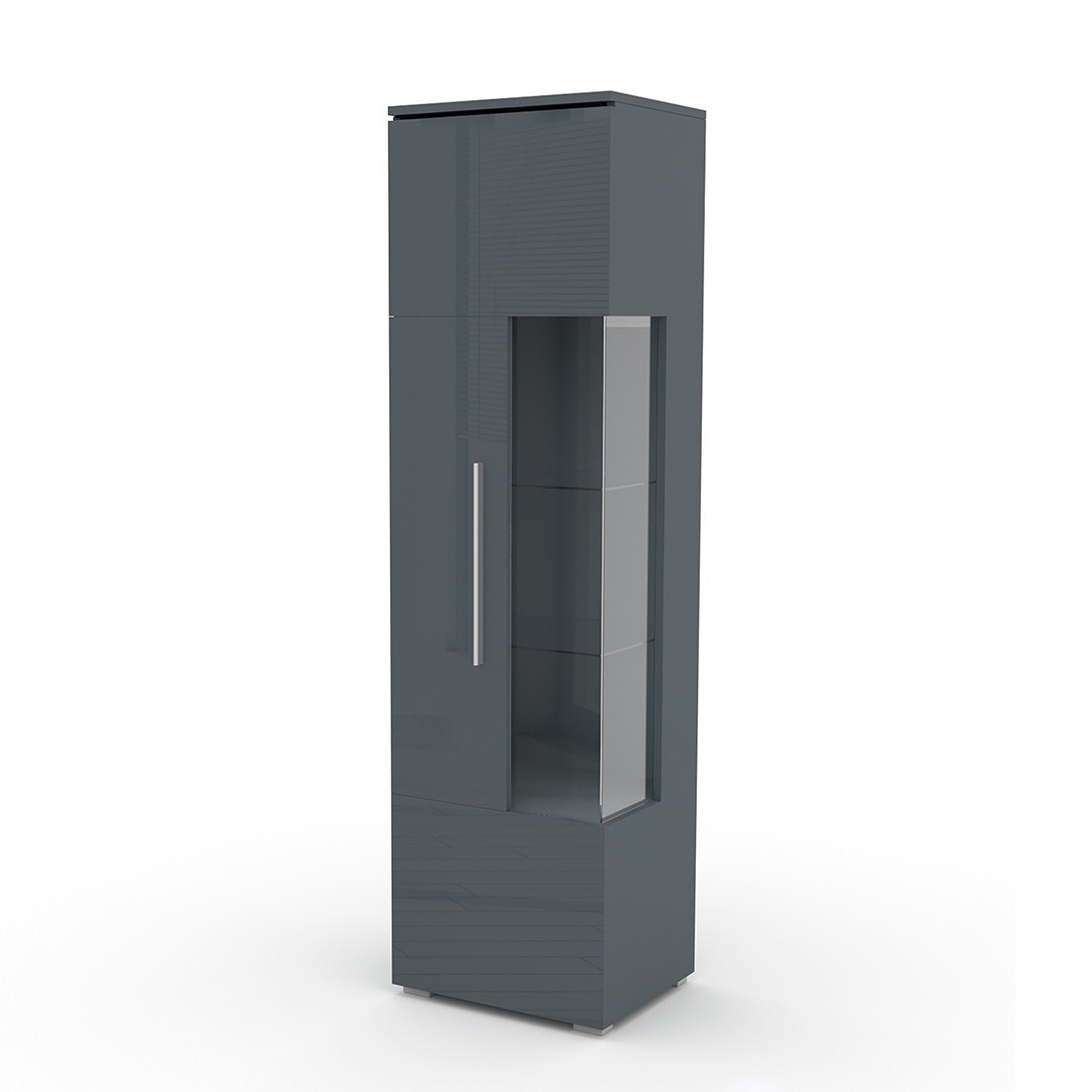 Vitrine haute design avec éclairage LED multicolore collection BOMBAY. Coloris gris brillant. Ouverture Gauche