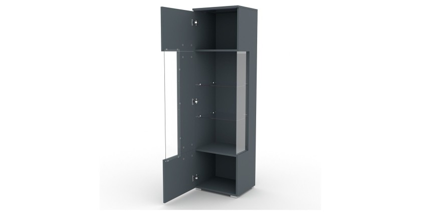 Vitrine haute design avec éclairage LED multicolore collection BOMBAY. Coloris gris brillant. Ouverture Gauche