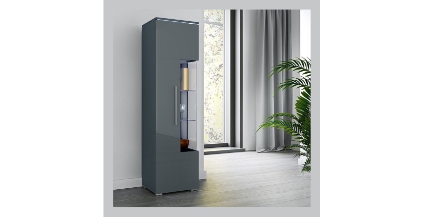 Vitrine haute design avec éclairage LED multicolore collection BOMBAY. Coloris gris brillant. Ouverture Gauche
