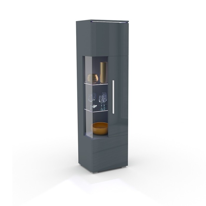 Vitrine haute design avec éclairage LED multicolore collection BOMBAY. Coloris gris brillant. Ouverture Droite
