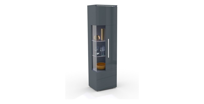 Vitrine haute design avec éclairage LED multicolore collection BOMBAY. Coloris gris brillant. Ouverture Droite