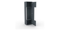 Vitrine haute design avec éclairage LED multicolore collection BOMBAY. Coloris gris brillant. Ouverture Droite