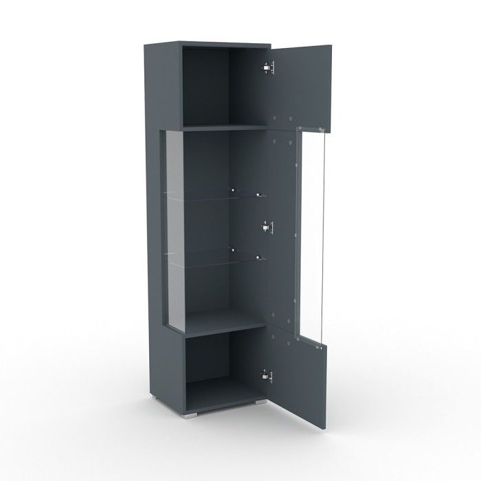 Vitrine haute design avec éclairage LED multicolore collection BOMBAY. Coloris gris brillant. Ouverture Droite