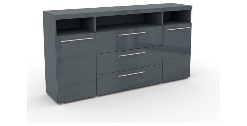 Buffet 180cm pour salon couleur gris brillant avec éclairage LED multicolore intégré collection BOMBAY.
