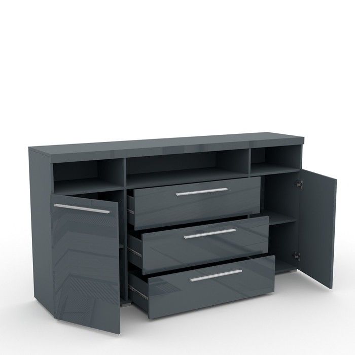 Buffet 180cm pour salon couleur gris brillant avec éclairage LED multicolore intégré collection BOMBAY.
