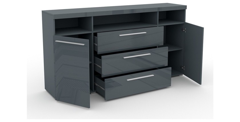 Buffet 180cm pour salon couleur gris brillant avec éclairage LED multicolore intégré collection BOMBAY.