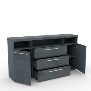 Buffet 180cm pour salon couleur gris brillant avec éclairage LED multicolore intégré collection BOMBAY.