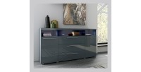Buffet 180cm pour salon couleur gris brillant avec éclairage LED multicolore intégré collection BOMBAY.