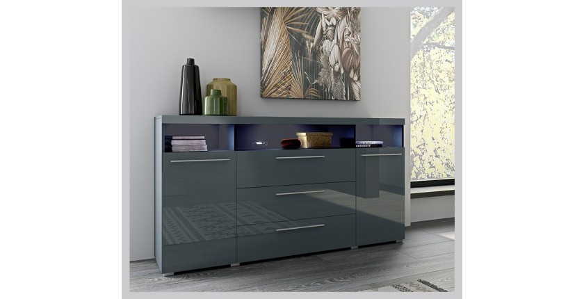 Buffet 180cm pour salon couleur gris brillant avec éclairage LED multicolore intégré collection BOMBAY.