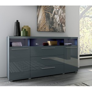 Buffet 180cm pour salon couleur gris brillant avec éclairage LED multicolore intégré collection BOMBAY.