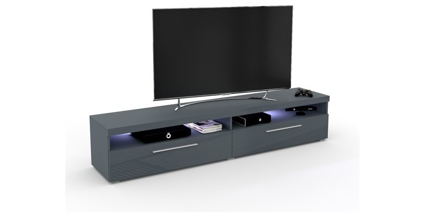 Meuble TV XL 200cm collection BOMBAY. Couleur gris brillant. Éclairage LED multicolore.