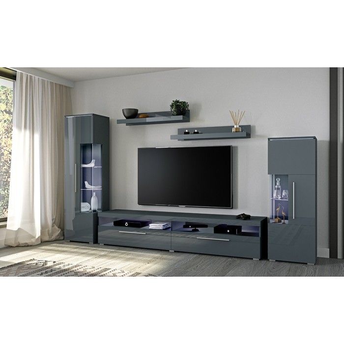 Meuble TV XL 200cm collection BOMBAY. Couleur gris brillant. Éclairage LED multicolore.