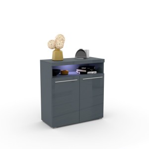 Buffet 90cm pour salon couleur gris brillant avec éclairage LED multicolore intégré collection BOMBAY.
