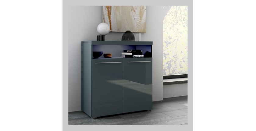 Buffet 90cm pour salon couleur gris brillant avec éclairage LED multicolore intégré collection BOMBAY.