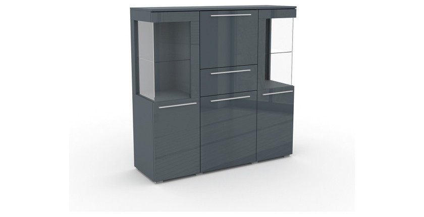 Buffet haut pour salon couleur gris brillant avec éclairage LED multicolore intégré collection BOMBAY.