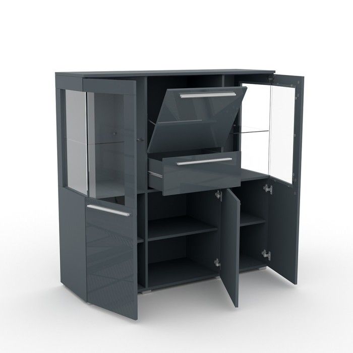 Buffet haut pour salon couleur gris brillant avec éclairage LED multicolore intégré collection BOMBAY.