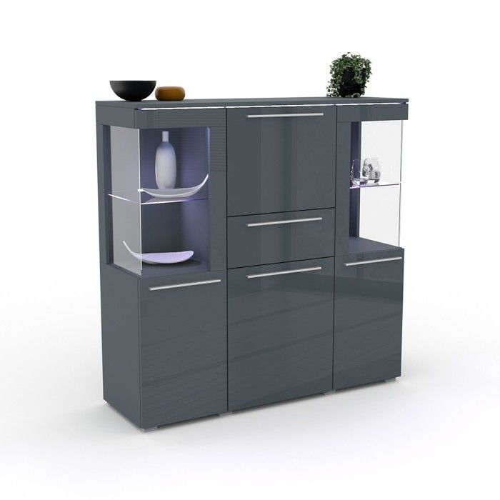 Buffet haut pour salon couleur gris brillant avec éclairage LED multicolore intégré collection BOMBAY.