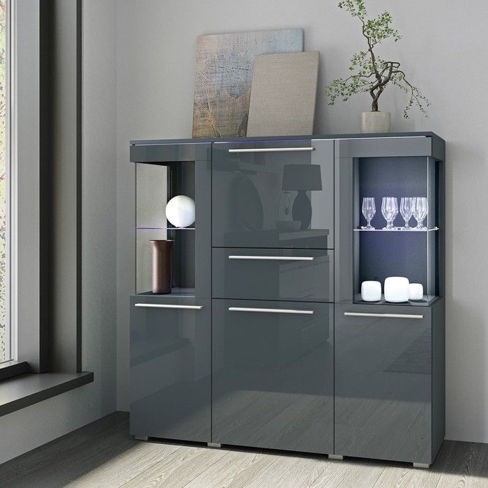 Buffet haut pour salon couleur gris brillant avec éclairage LED multicolore intégré collection BOMBAY.