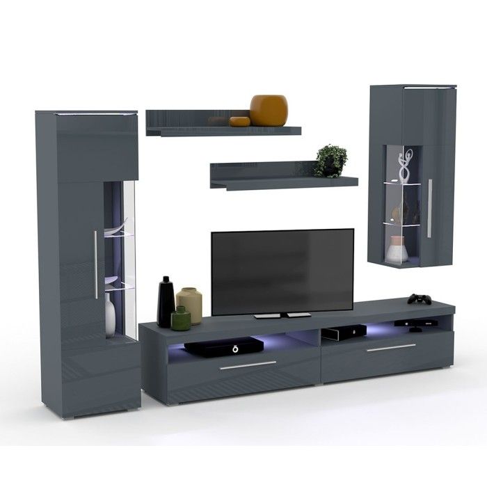 Composition de 5 meubles pour salon coloris gris brillant collection BOMBAY