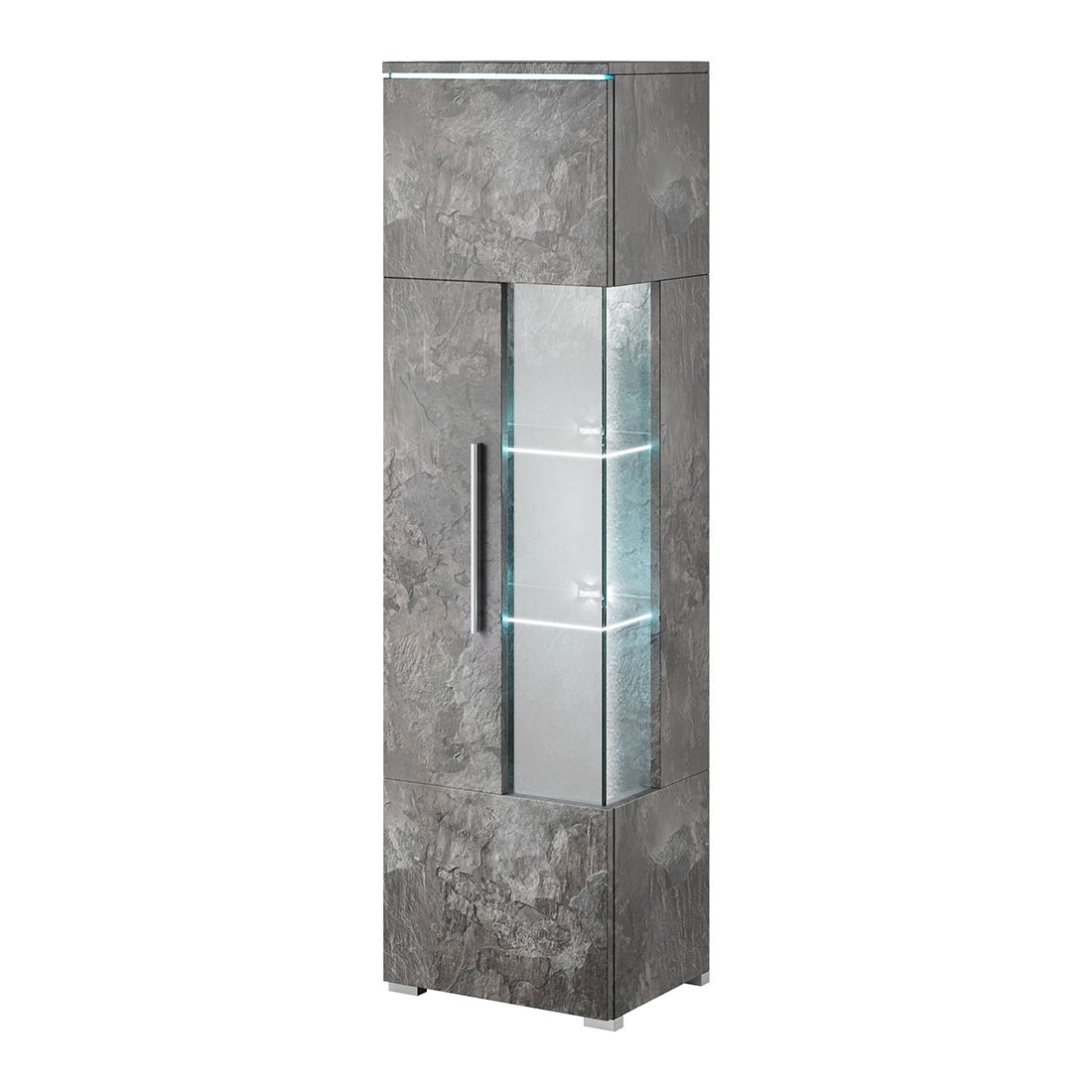 Vitrine haute design avec éclairage LED multicolore collection BOMBAY. Coloris gris effet ardoise. Ouverture Gauche