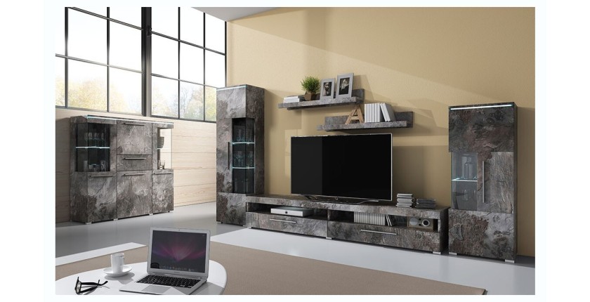 Vitrine haute design avec éclairage LED multicolore collection BOMBAY. Coloris gris effet ardoise. Ouverture Gauche