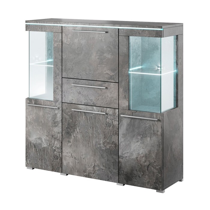 Buffet haut pour salon couleur gris effet ardoise avec éclairage LED multicolore intégré collection BOMBAY.