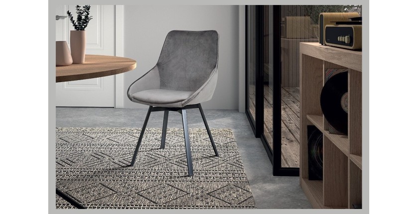 Chaise pivotante en velours gris pour salle à manger. Collection KIRU
