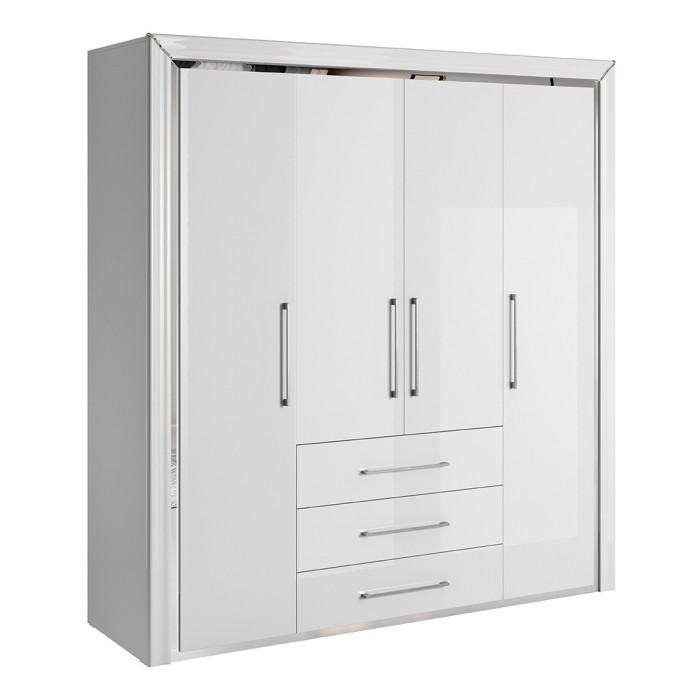 Armoire 4 portes et 3 tiroirs collection DOHA. Coloris blanc brillant et argent.