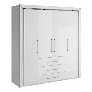Armoire 4 portes et 3 tiroirs collection DOHA. Coloris blanc brillant et argent.