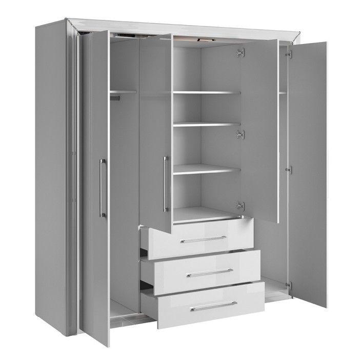 Armoire 4 portes et 3 tiroirs collection DOHA. Coloris blanc brillant et argent.