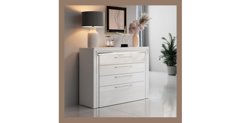 Commode design 4 tiroirs collection DOHA coloris blanc et argent