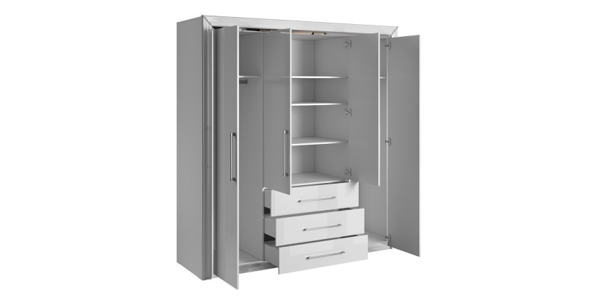 Chambre à coucher collection DOHA coloris blanc : Armoire, Lit 160x200, commode, chevets, miroir et bureau