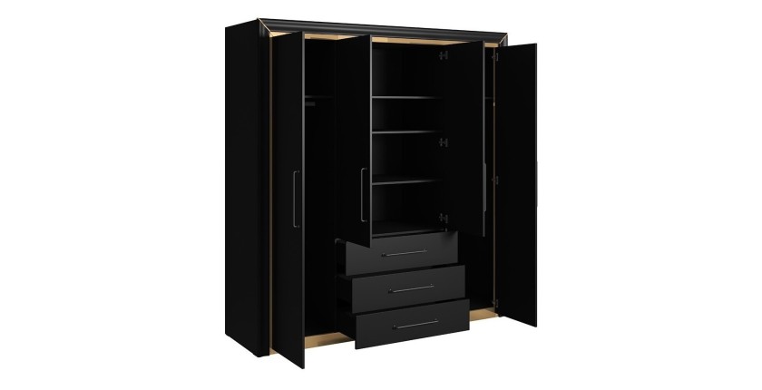 Armoire 4 portes et 3 tiroirs collection DOHA. Coloris noir mat et doré