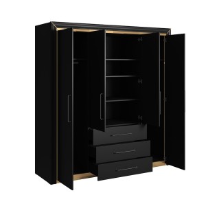 Armoire 4 portes et 3 tiroirs collection DOHA. Coloris noir mat et doré