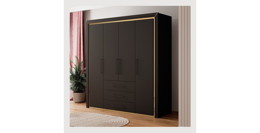 Armoire 4 portes et 3 tiroirs collection DOHA. Coloris noir mat et doré