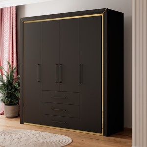 Armoire 4 portes et 3 tiroirs collection DOHA. Coloris noir mat et doré