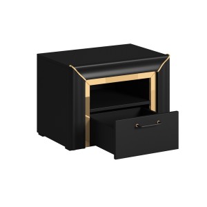 Table de chevet collection DOHA. 1 tiroir et 1 niche. Coloris noir mat et doré.