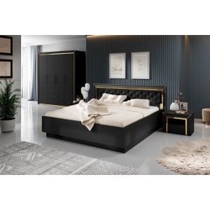 Lit adulte 160x200 collection DOHA. Coloris noir mat et dorées.