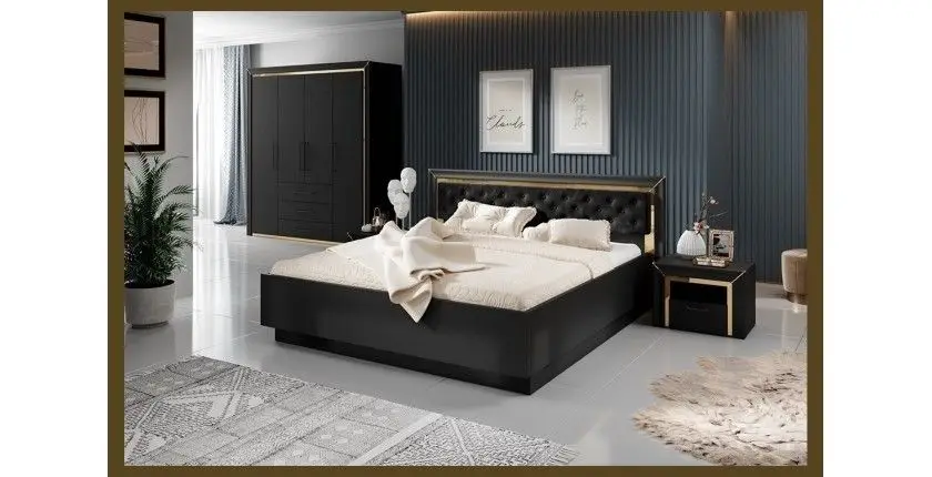 Lit adulte 180x200 collection DOHA. Coloris noir mat et doré.